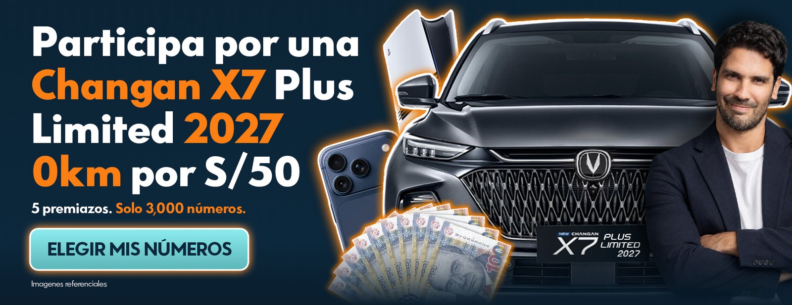 Participa por una Changan X7 Plus Limited 2027 0km por S/50. 5 premiazos, solo 3,000 números.